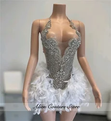 Glitter White Crystal Short Prom Dress For Black Girl Homecoming Senior Cocktail Dress Birthday Party Gown Feathers Customized