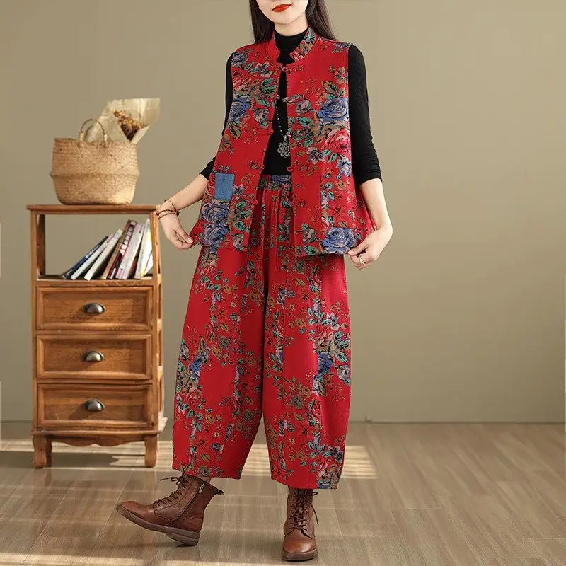 Waistcoat 2024 Autumn Winter Loose Retro Ethnic Style Red Northeast Flower Fleece Thick Cotton Coat Vest Jacket For Women A386