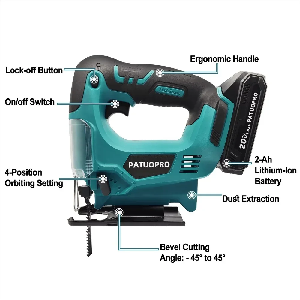 18v Cordless Electric Jig Saw Portable Jigsaw Multi-Function Woodworking Tools with 2 Blades