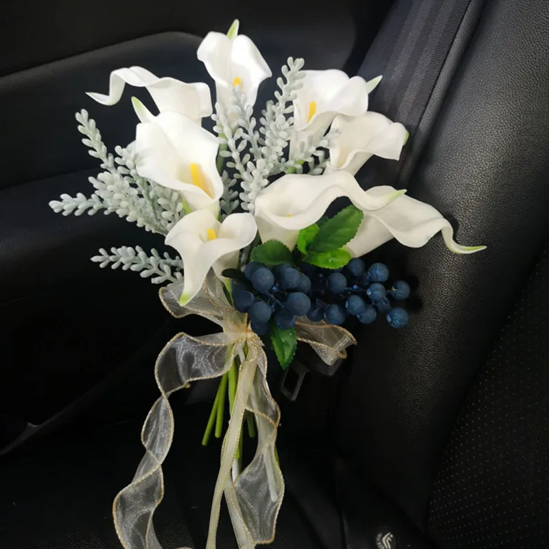 Free Shipping High Quality Mixed Imitation White Calla Blueberry Holding Flower Bridal Wedding Bouquet Finished Artificial