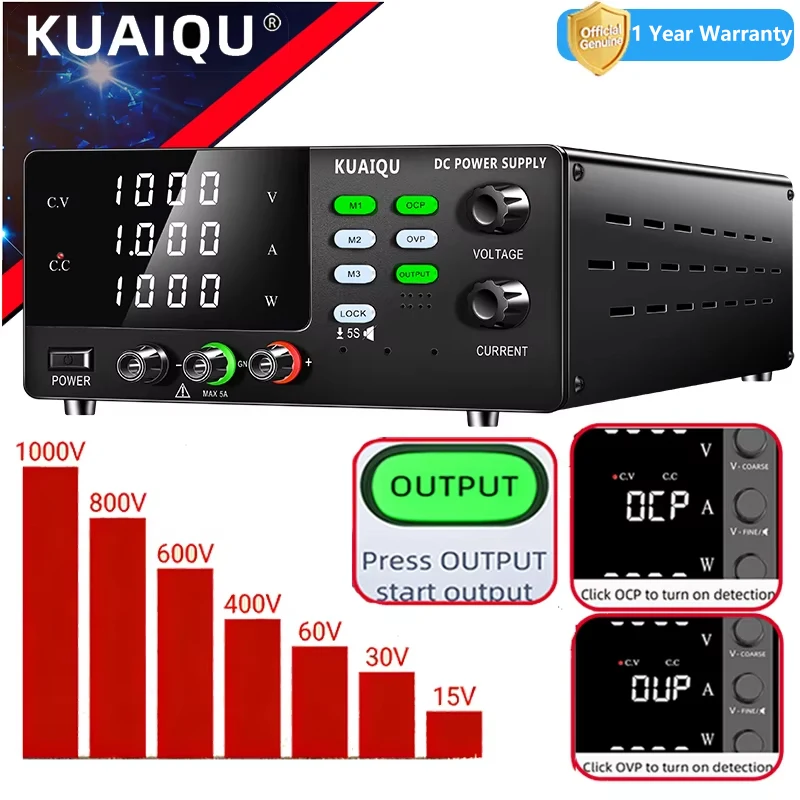 KUAIQU 1000V High Voltage Lab Power Supply 800V 600V 400V,15V 30A 30V 60V 20A DC Power Supply for Lab R&D,Hipot Testing & Solar