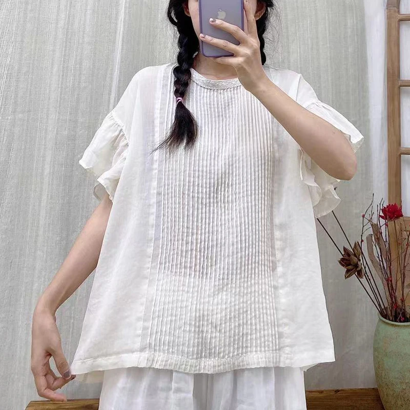 

Johnature New Vintage Ramie Ruffles Sleeve Loose Thin Women Tops Shirts 2024 Summer Solid Color Pleated Button Casual Blouses