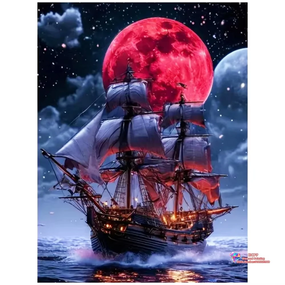 Blutmond-Piratenschiff 5D DIY Diamantmalerei-Set mit Quadratischen und Runden Diamanten Handgemachtes Kunsthandwerk Heimdekoration Geschenke