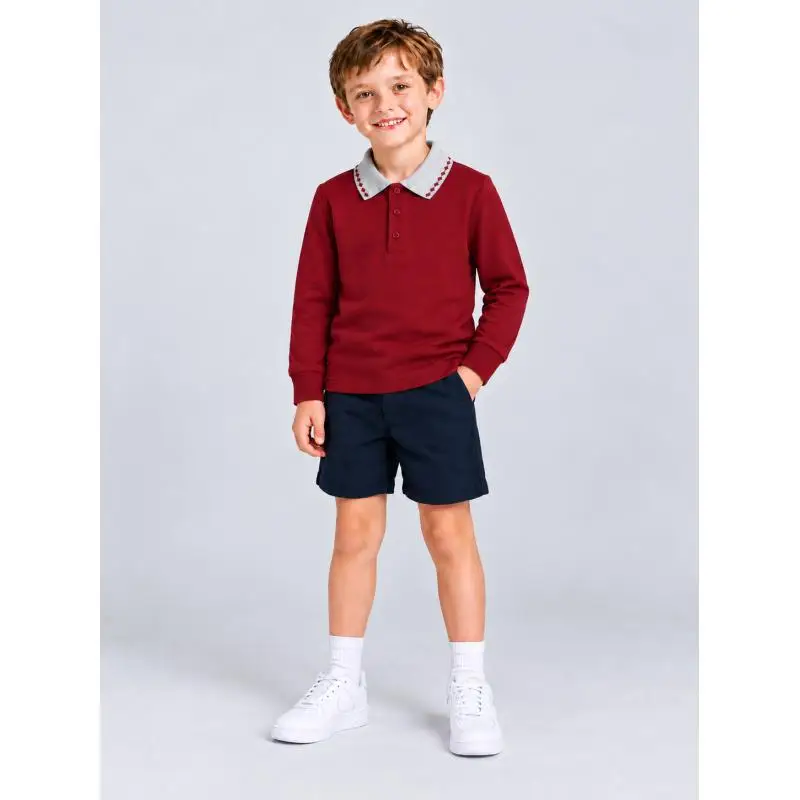 Children LonKids Long Sleeve Polo Shirt Contrast Embroidery Collar Button Placket Soft Knit Top Casual School Breathable