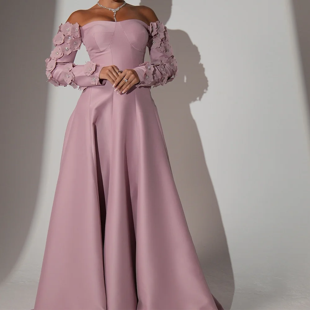 

Exquisite Appliques Pearls Boat Neck Floor Length A-Line Evening Dress Satin Off the Shoulder Flowers Crystal Vestido De Festa