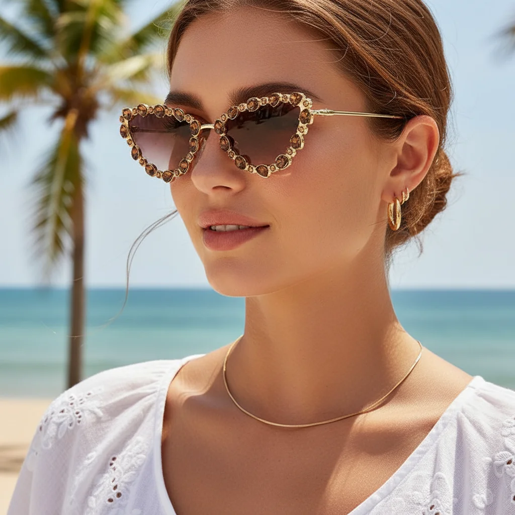 Europäischer Stil Voll-Strass Katzenaugen-Sonnenbrille Nischen-Design Party-Laufsteg-Stil Exquisite Sonnenbrille 81061 – Detail 1