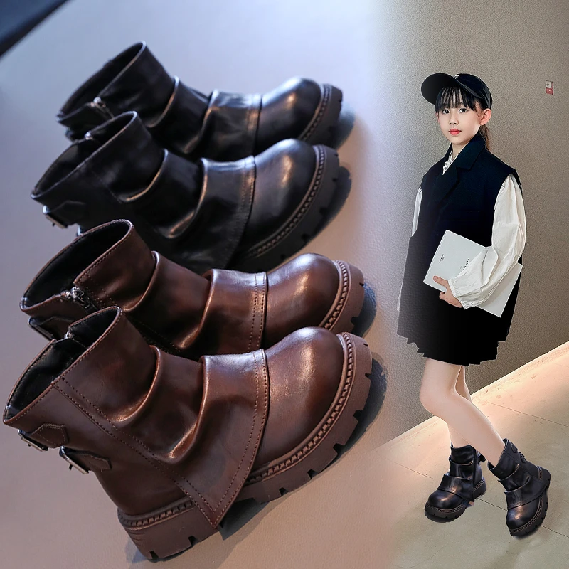 

Модные ботинки для девочек, детские кожаные ботильоны, коричневые, черные, на массивной подошве, на молнии, нескользящая повседневная обувь для школьной одежды