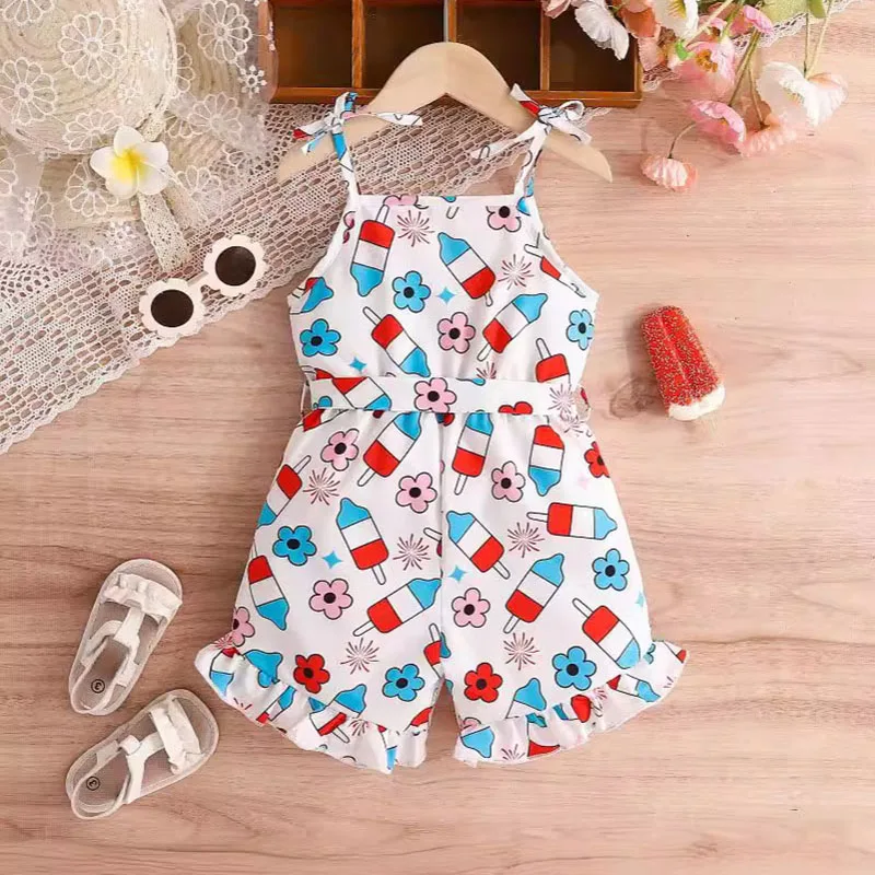 Macacão de camisola estampado infantil, macacão de sling infantil, roupa infantil, roupas de bebê menina, verão, dia dos veteranos, 1 a 5 anos