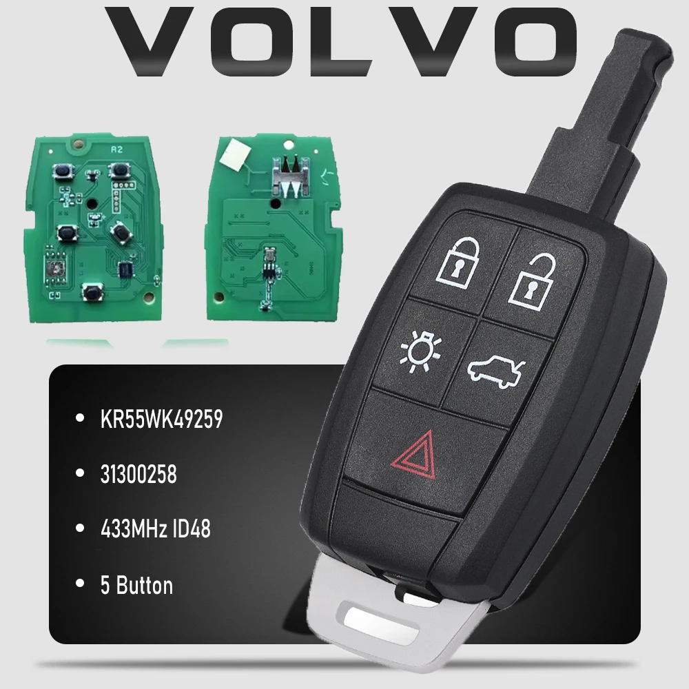KEYECU KR55WK49259 5 Button Smart Remote Key Keyless 433.92MHz ID48 Chip Fob for Volvo C30 C70 S40 V50, 31300258