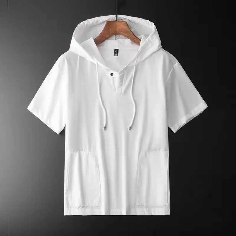 2026 Men's Summer Hooded Short Sleeve T-Shirt Men's Ice Silk Five-quarter Sleeve Thin