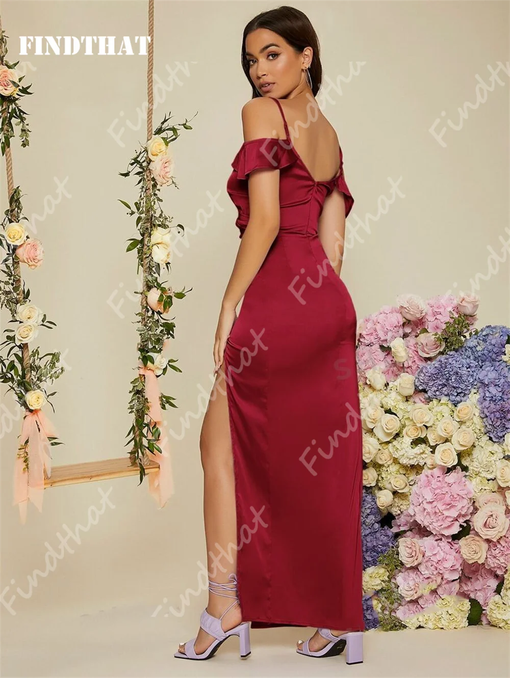 Findthat Burgundy Off Shoulder Bridesmaid Dress Mermaid Satin Ruched V-Neck Party Evening Dress Wedding Guest Gowns Ankle-Length