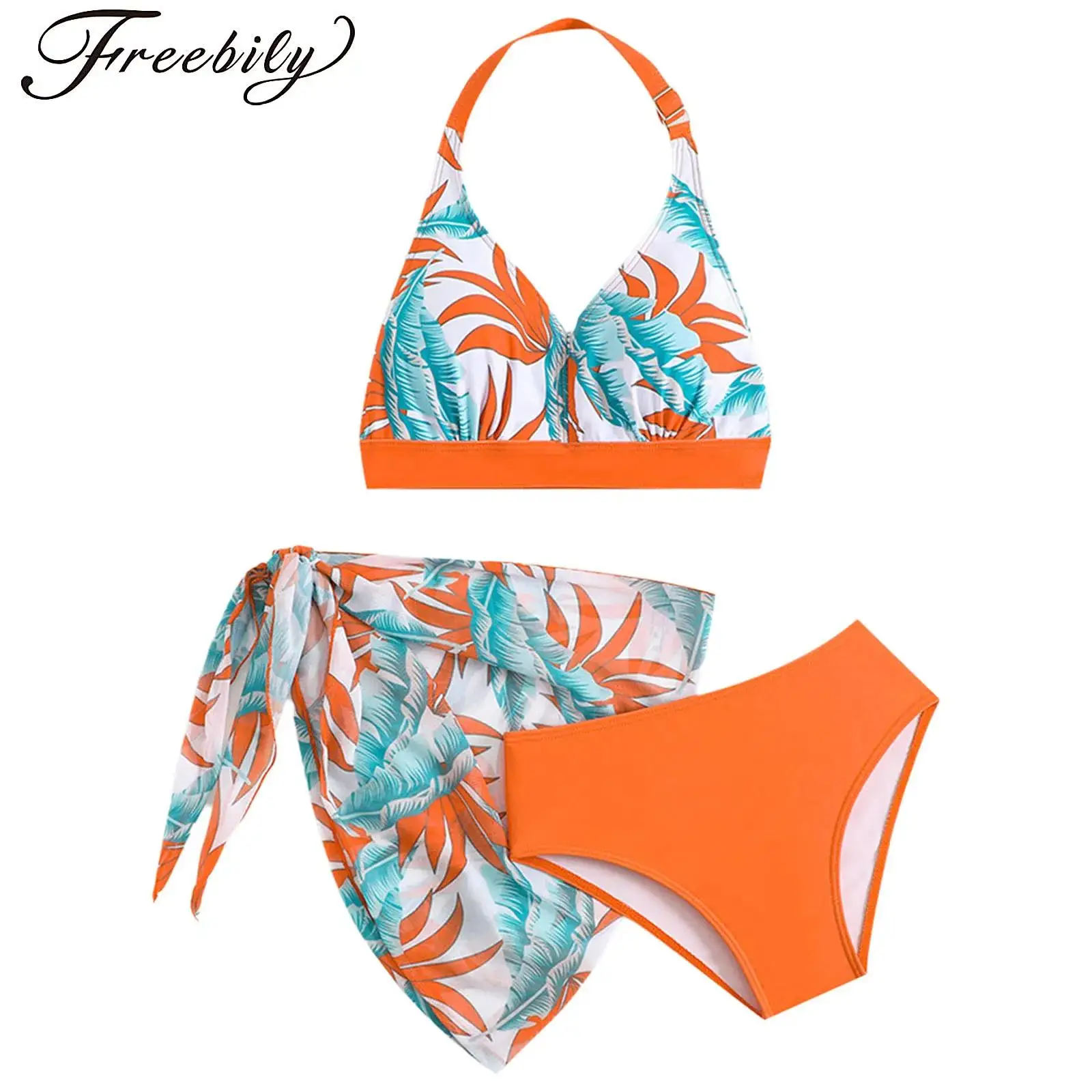 

Kids Girls Sweet Bikini Swimsuits Straps Chest Pad Halter Briefs Bathing Suit Side Tie-Up Skirt Cover-Ups 3 Pieces Swimwear