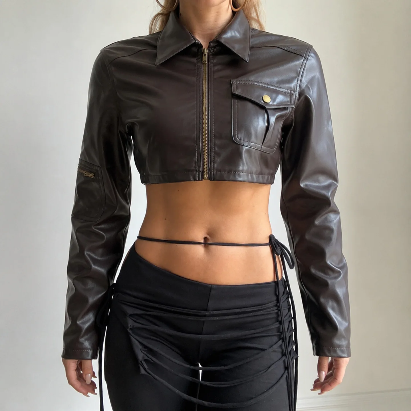 Street American Locomotive Lapel High Waist PU Leather Jacket Coat Fashion Design Spice Girl Casual Leather Jacket