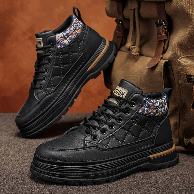 2026Boots Men's High Top Autumn British Style Retro Men's Casual Leather Shoes Mid Top Height Increasing Workwear Boots