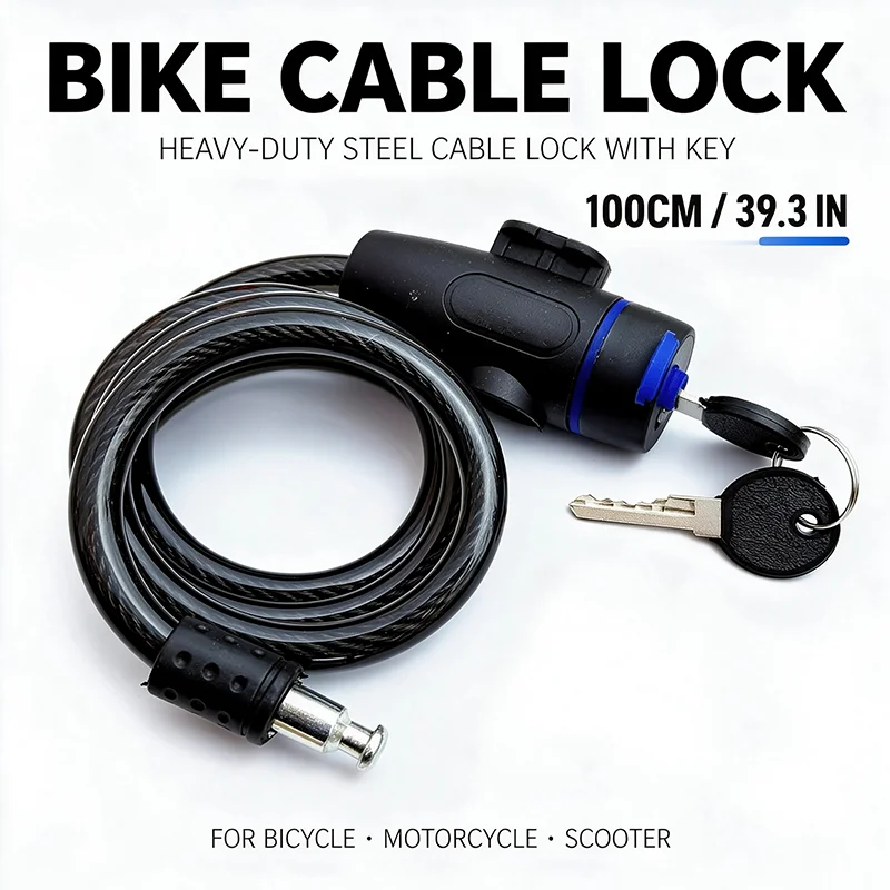 Bike Lock Anti‑Theft Cable Lock Portable Lightweight Bicycle Lock with 2 Keys Weatherproof Coiled for Bicycle Gate Outdoor