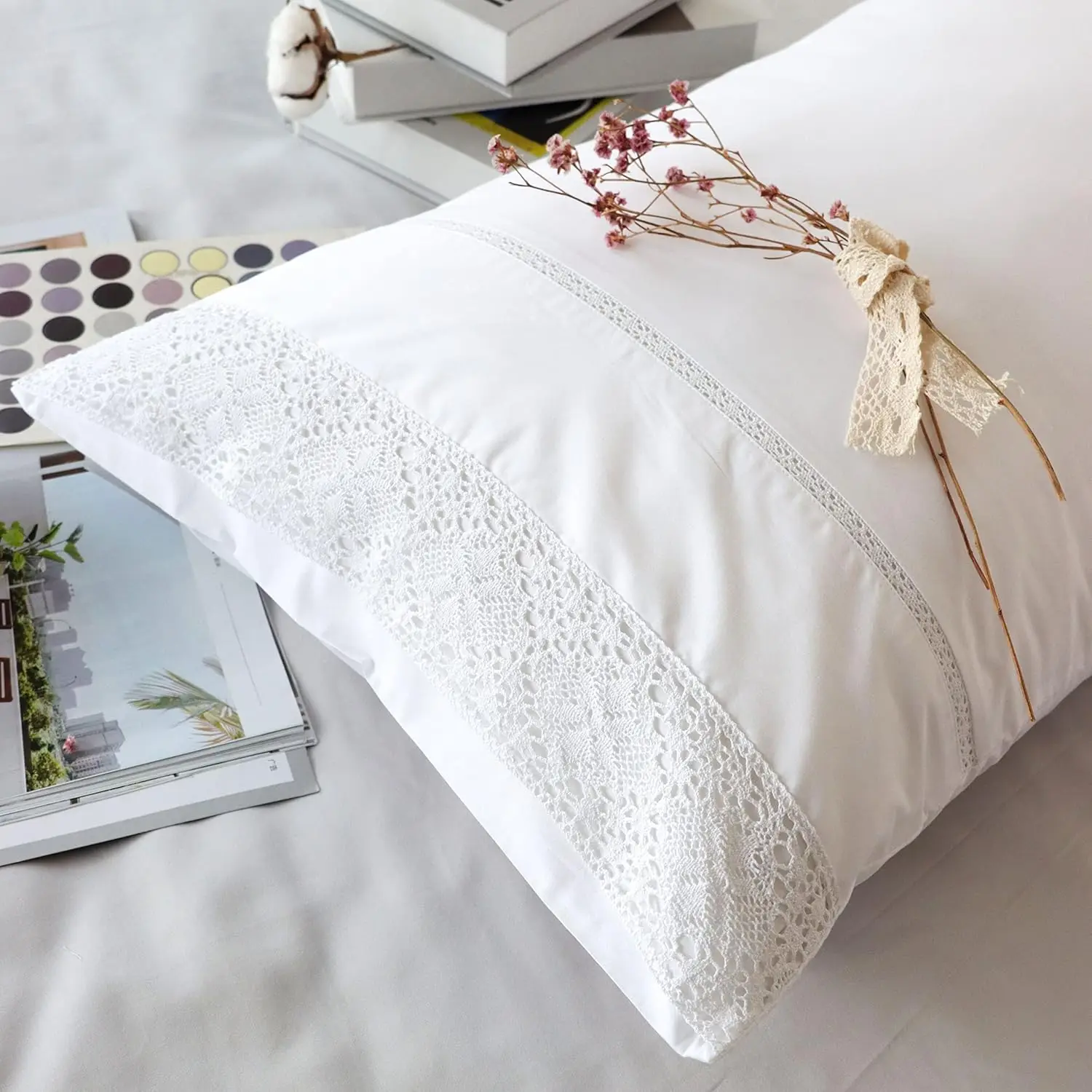 

Queen Size Cotton Lace Pillowcase Set of 2, Envelope Closure, Breathable & Soft White Bedding