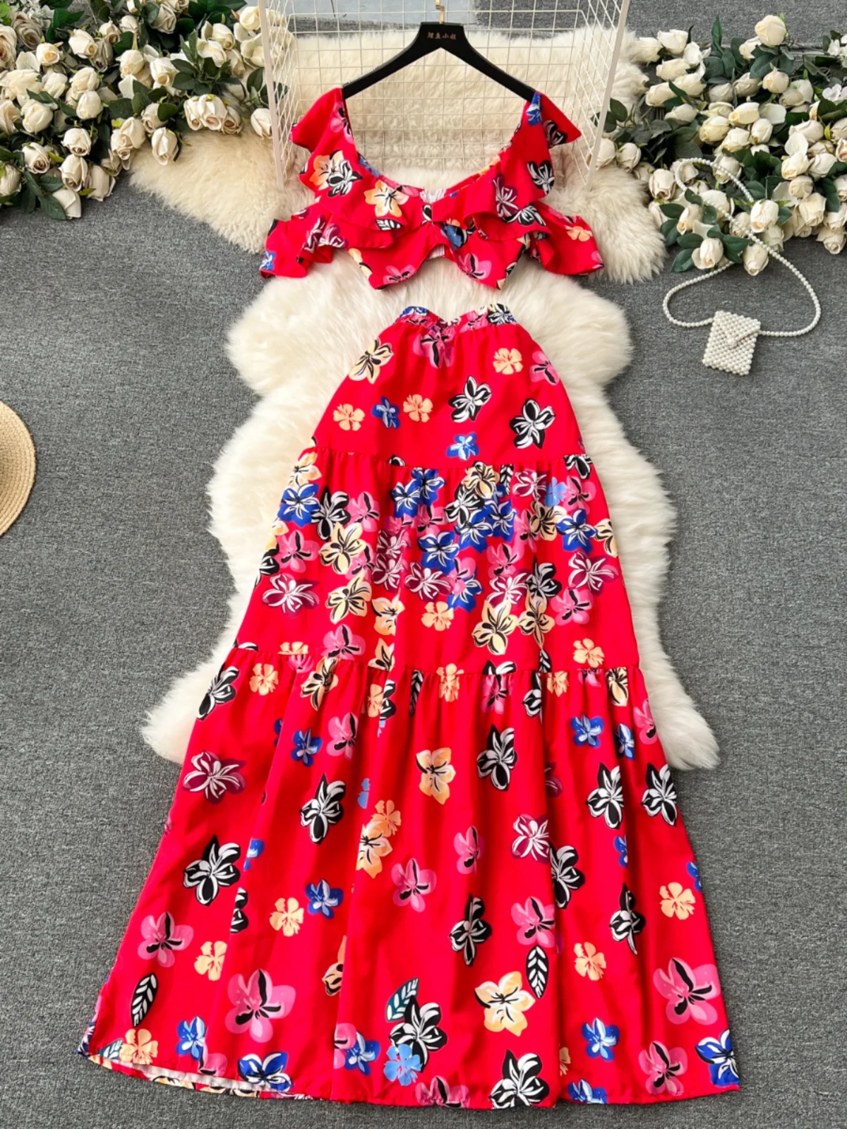 European and American Hot Girl Style Holiday Suit Sweet Printed Ruffled Tank-Top All-Matching Long Skirt Two-Piece Set