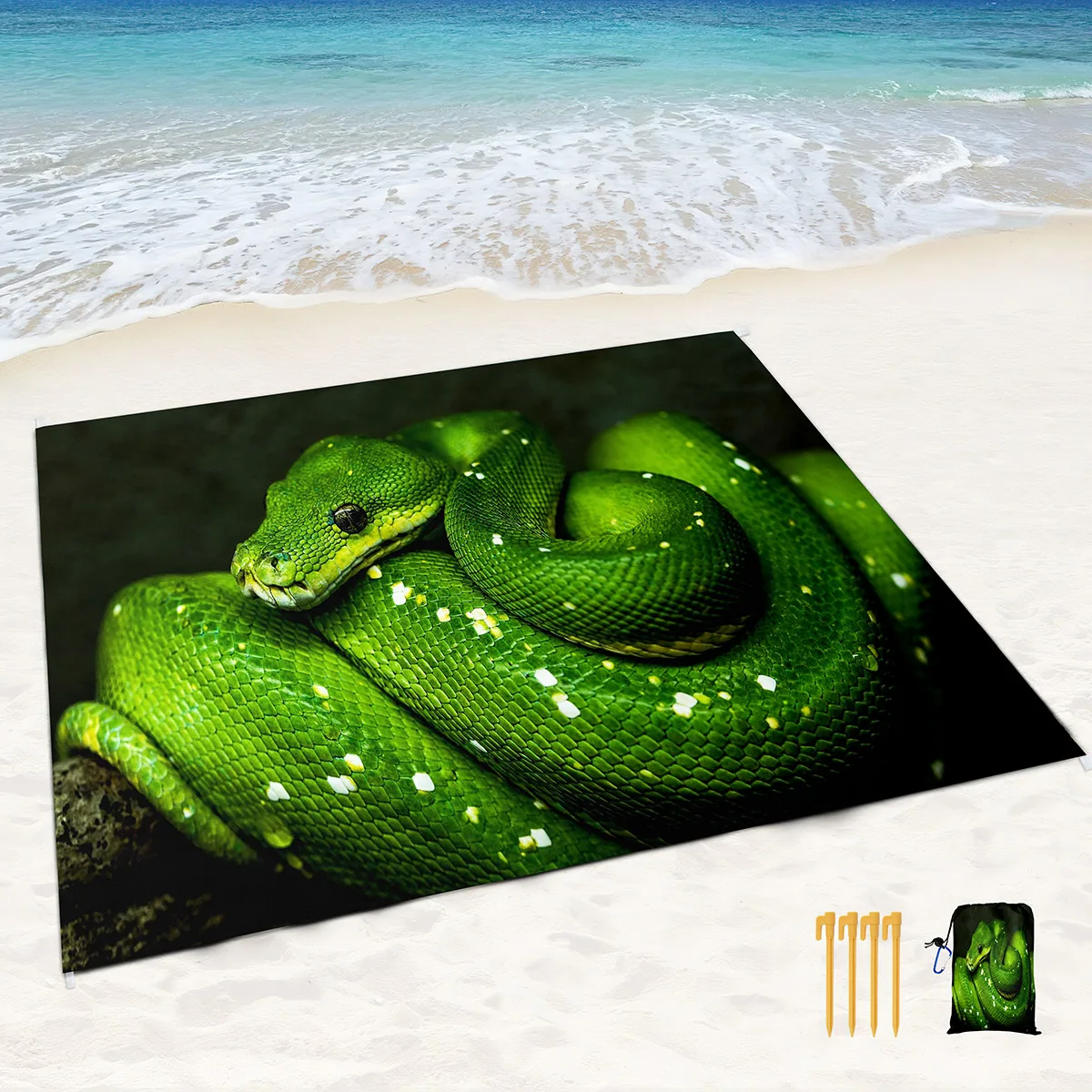 Beach Blanket Waterproof Sandproo,Green Snake Pattern Lightweight Picnic Rug Portable Large Beach Mat for Travel/Camping/Hiking