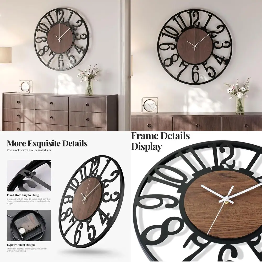 

24 Silent Battery-Powered Wall Clock, Modern Farmhouse Style, Black Metal & Wood, Arabic Numerals for Living Room Decor