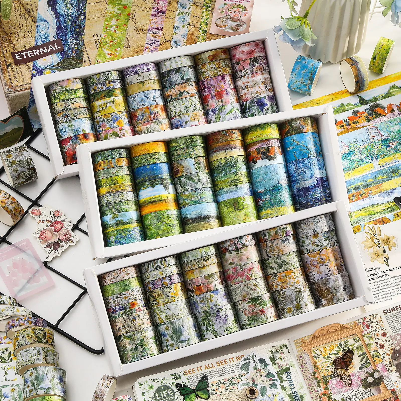 

Romantic floral washi tape set oil painting pastoral style DIY notebook decorative tape exquisite holiday gift for friends