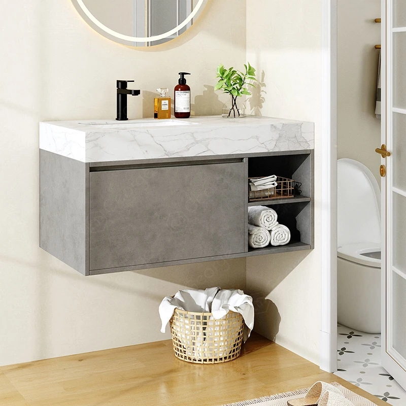 48 Inch Grey Finished Wooden Bathroom Vanity with Mirror and Marble Countertop