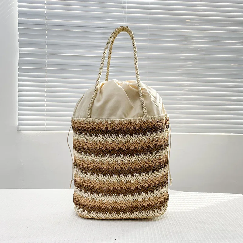 Bolso de mano tejido de paja de gran capacidad para mujer, bolsa de mano informal Retro de diseñador de lujo para playa, bolsillo interior con cordón, 2020, 20202