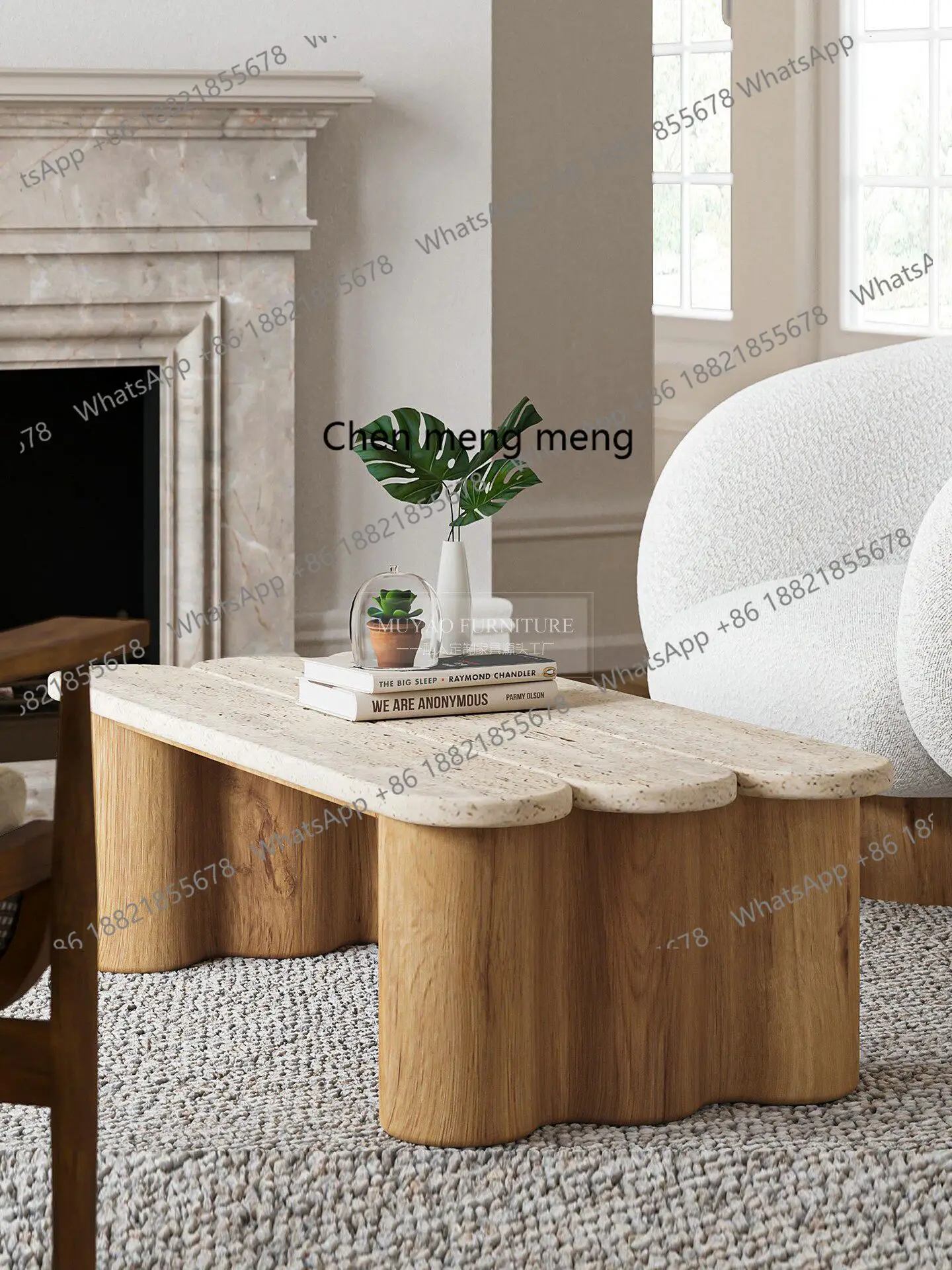 

Nordic wabi-sabi style solid wood coffee table modern simple living room coffee table art natural travertine