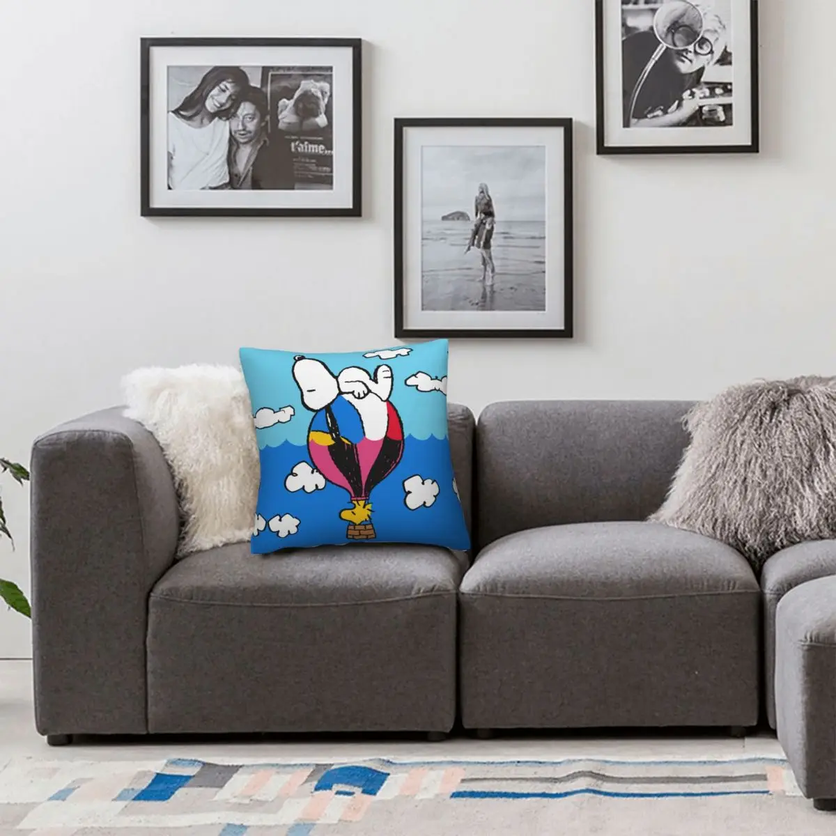 Peanuts Snoopy Woodstock Hot Air Balloon Pillowcase Printing Polyester Cushion Cover Gift Throw Pillow Case Cover Home Square