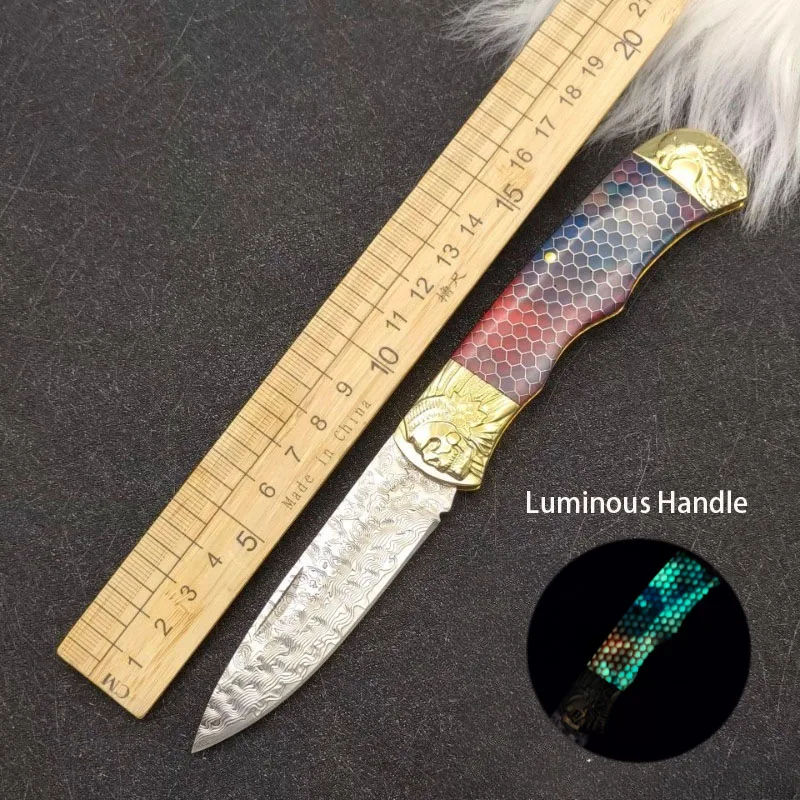 

Luminous Fiber Handle Folding Blade Knife Damascus Steel Sharp Outdoor Camping Pocket Knifes Hand Tools With 61HRC