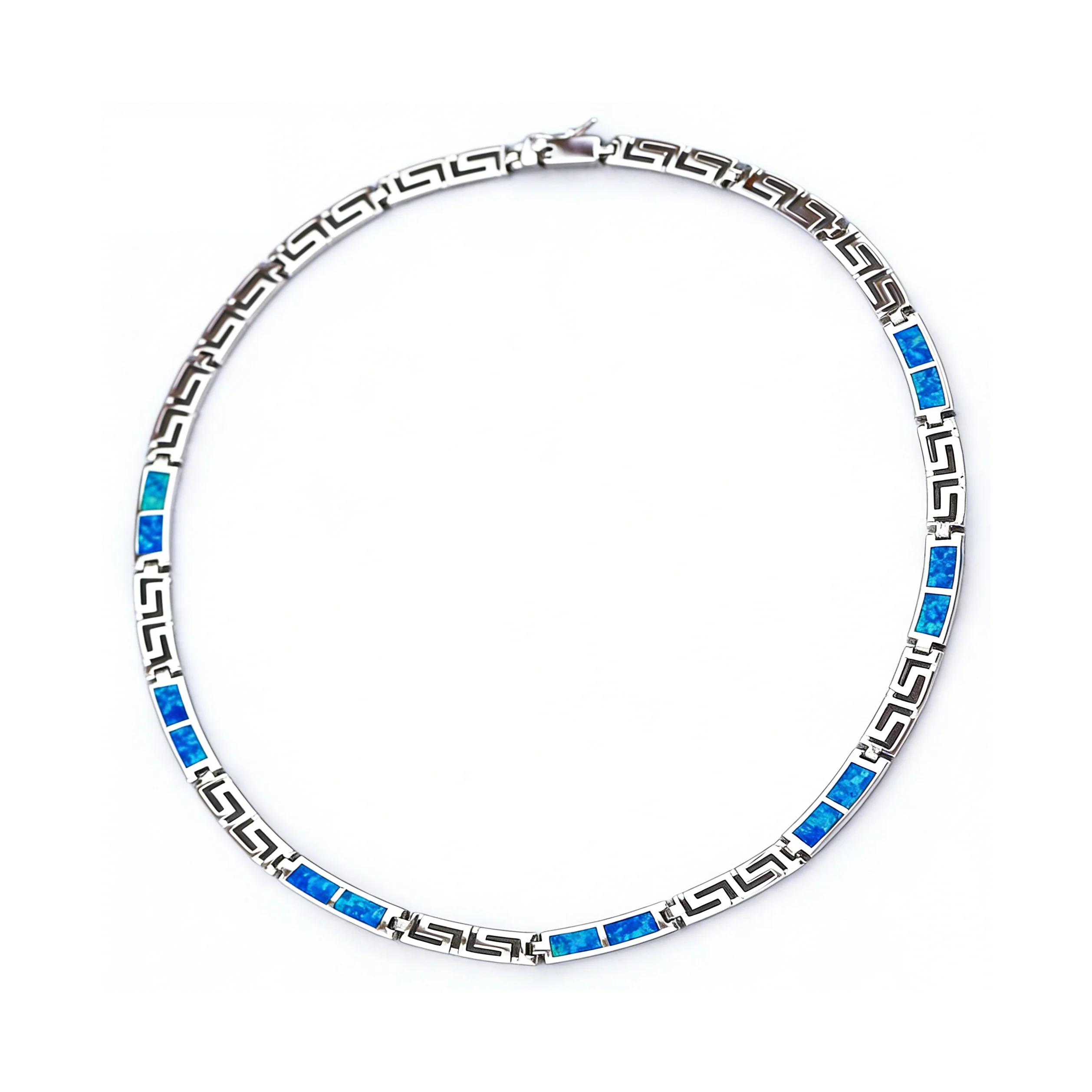Greek Key Blue Opal Necklace for Women,Silver Color Chain Bohemian Fashion Jewelry - Elegant Pendant Gift Trendy Opal Accessory
