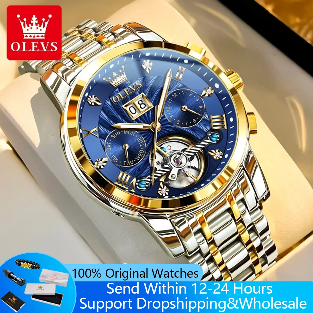 

Мужские автоматические часы OLEVS 9910, горячая распродажа, из нержавеющей стали, водонепроницаемые, с автоматической датой, светящимся циферблатом, скелетонизированным механизмом и маховиком.