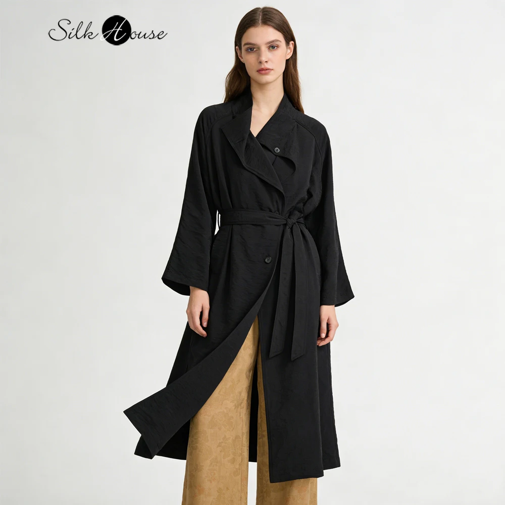 Women's Fashion Spring New 76% Natural Mulberry Silk Texture Dry Silk Black Turn-down Collar Long Sleeved Loose Windbreaker