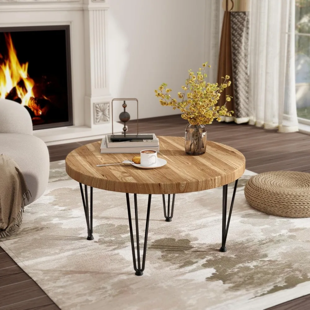 

Round Coffee Table - Elm Wood Nesting Table with Metal Legs & Non Slip Feet Base - Rustic Nesting End Tables for Living Room Be