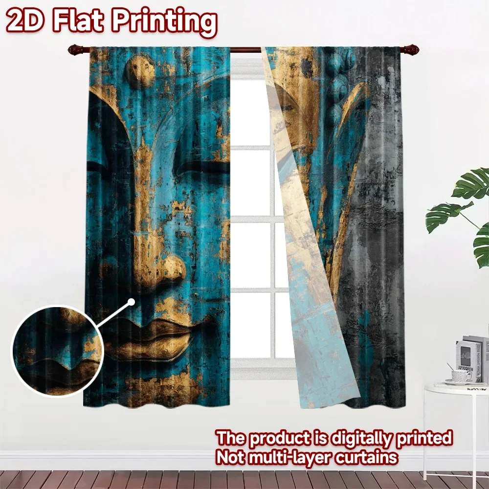 Decorative Buddha Abstract Print Curtain Pair 2pcs Spiritual Blue Gold Window Curtains Modern Meditation Room Drapery Panels