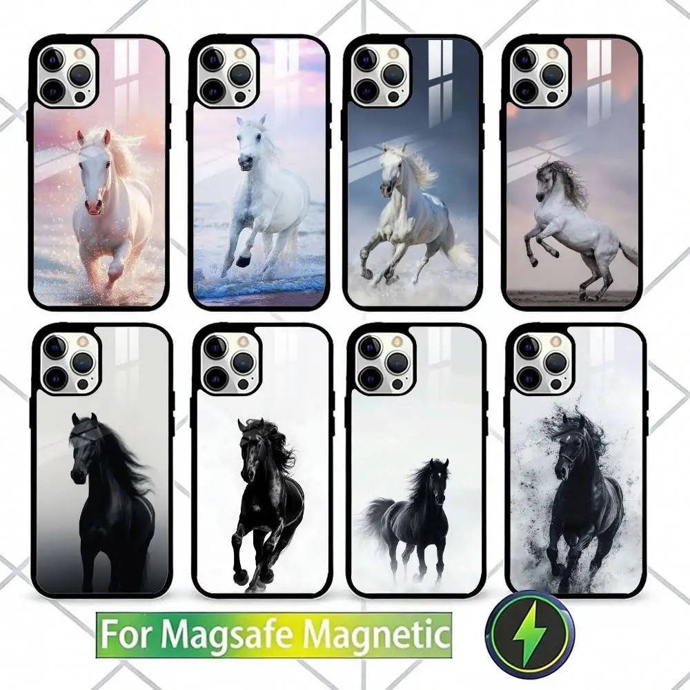 

Black White Horses Phone Case For iPhone17,16,15,14,13 Plus,Pro Max Magnetic For Magsafe Wireless Charging