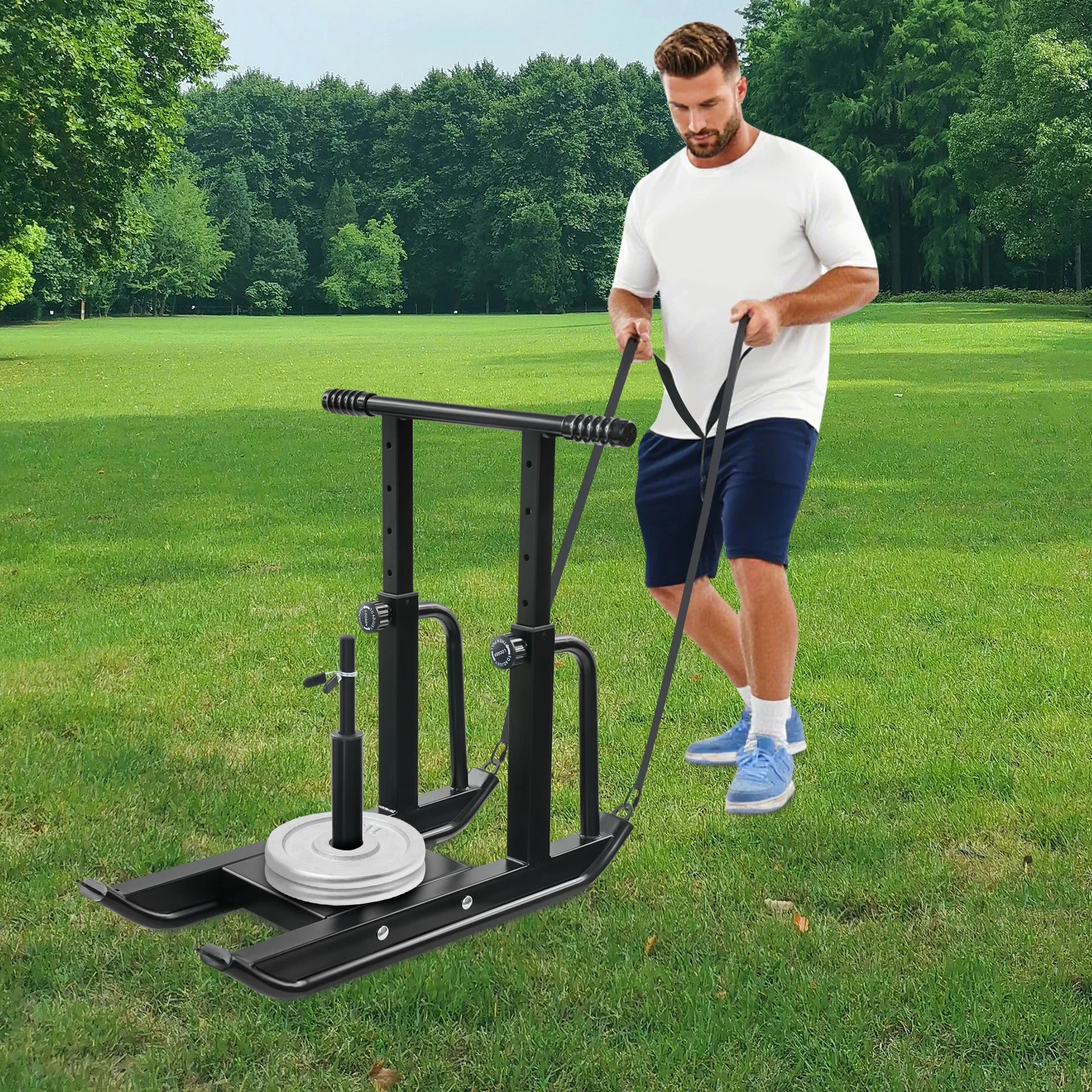 Black Steel 88x38cm Fitness Sled Car 5th Gear Height Adjustment Weight Training Sled Strength Training Push-Pull Sled