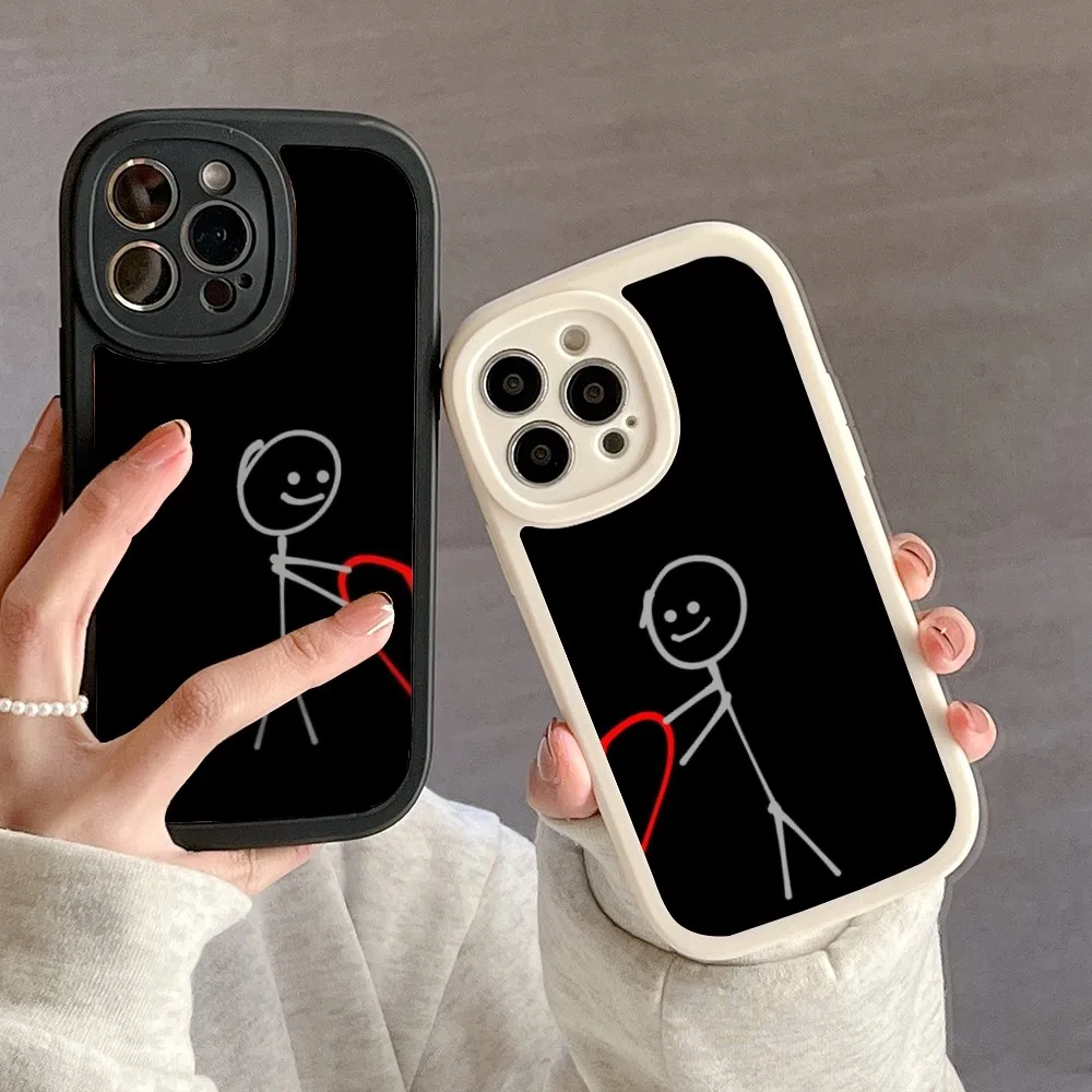 Love Stick Figure Couple BFF Phone Case For IPhone 16 15 14 Plus 13 12 11 Pro X XS XR Max Big Eyes PU Leather Cover