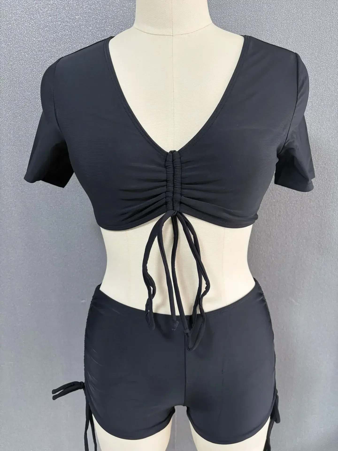 

Sexy Drawstring Push Up Bikini Swimsuit 2 Piece Bathing Suit Women With Shorts Black Brazilian Short Sleeve Swimwear Beach Wear