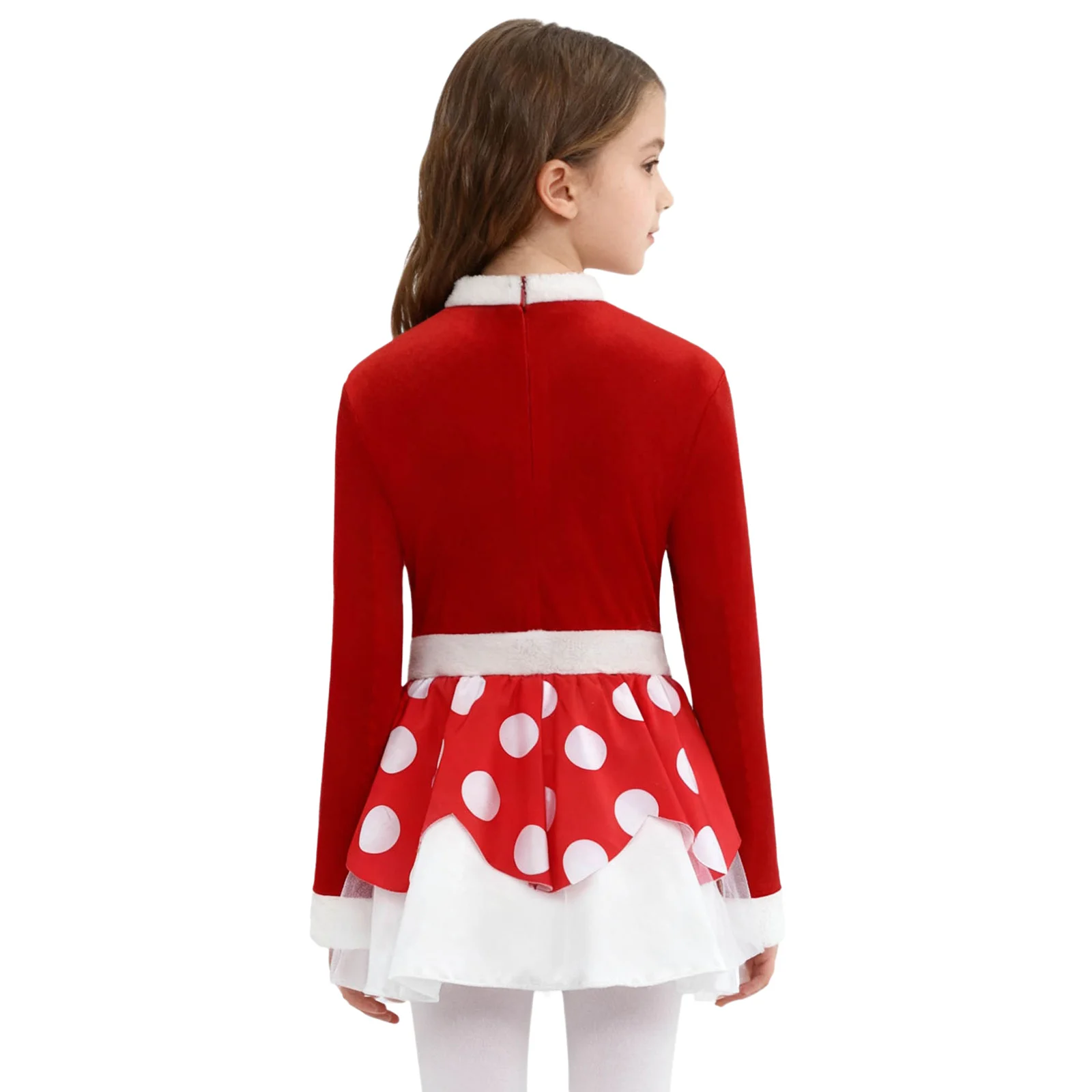 Girl Christmas Candy Cane Striped Santa Dress Long Sleeve Pompom Tutu Dress Ballet Dance Skating Leotard Holiday Party Dancewear