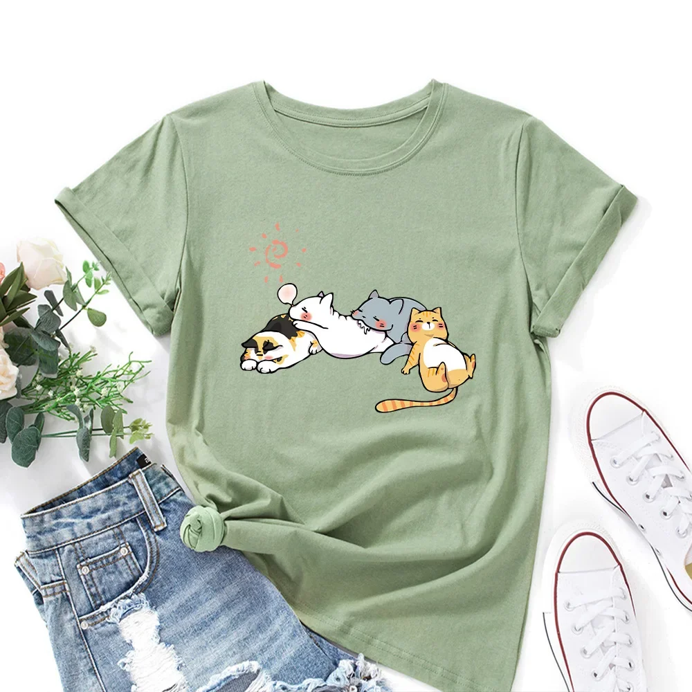 JFUNCY-Camiseta estampada gráfica para gato adormecido feminino, camiseta de algodão, camiseta solta, manga curta, blusa feminina, verão