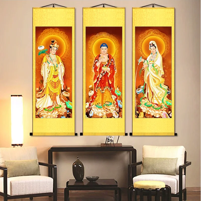 High Definition Western Three Saints Buddha Statue, Exquisite Religious Feng Shui Silk Decoration Scroll Hanging Painting, Gift