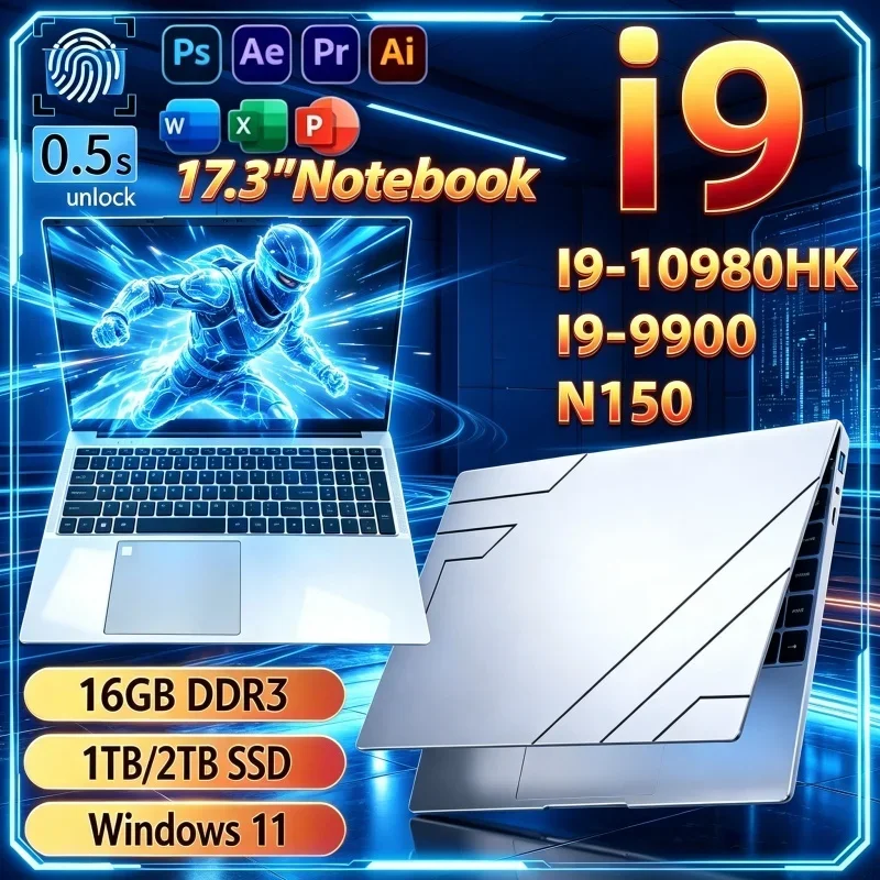 Hot Slim 17.3 Inch Notebook,2026 Premium Intel I9‑10980HK/I9‑9900/N150 16GB 32GB 2TB SSD Win11 FHD New Gaming Study Laptop