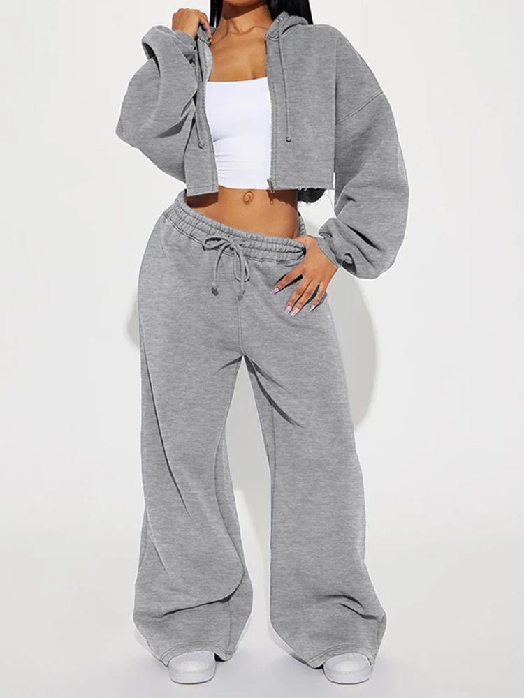 JENYAGE Oversized Zweiteiler-Set für Damen, weicher, einfarbiger, bequemer Crop-Hoodie mit Reißverschluss und Kordelzug, weite Jogginghose, Streetwear-Trainingsanzug – Detail 10