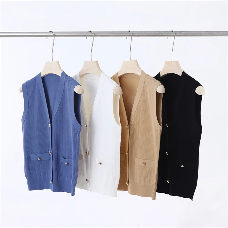 Women Spring V-neck Knitted Vest Cardigan Viscose Ice Silk Top Summer Sleeveless Gold Buckle Boutique Anti-pilling Anti Wrinkle