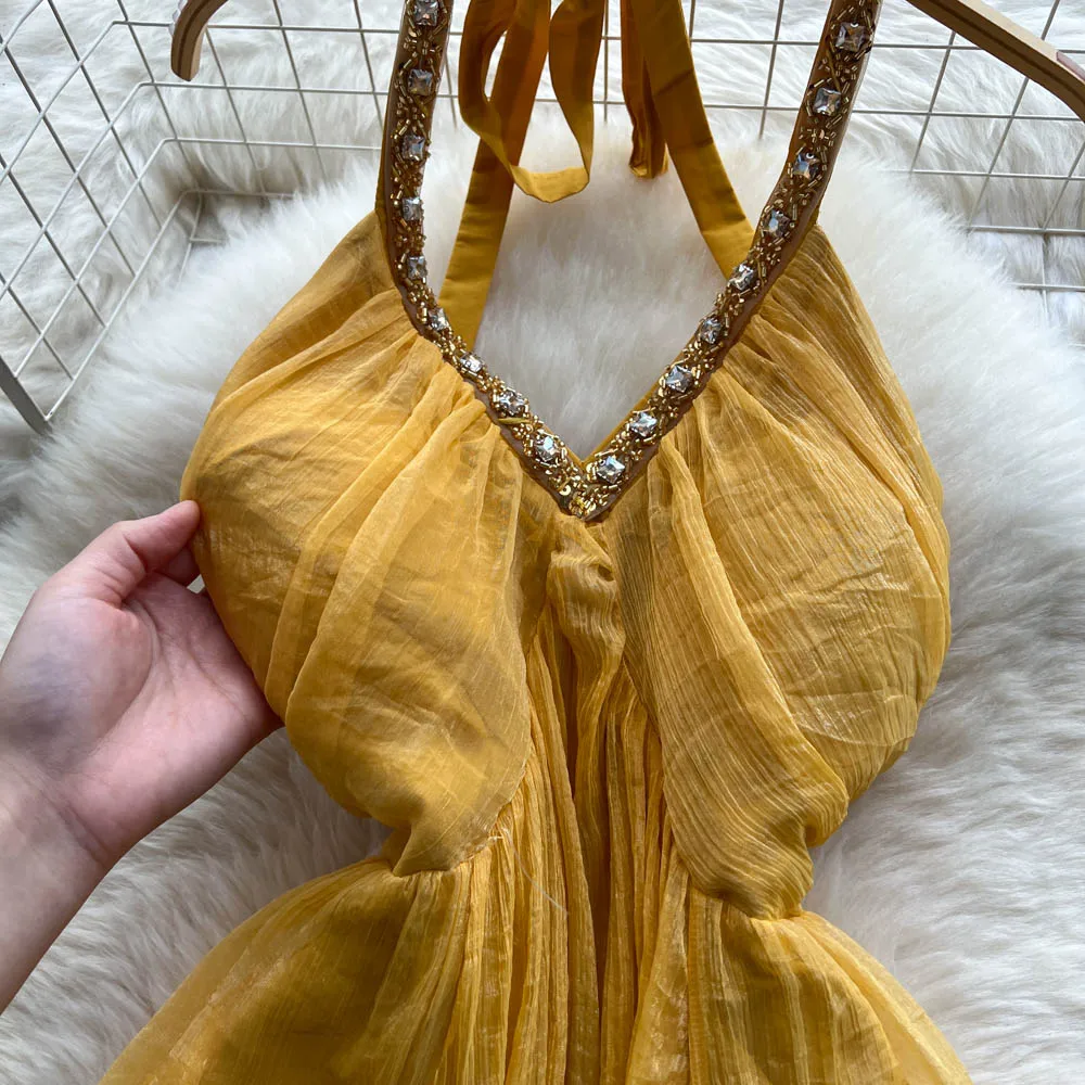 Chic vintage V-neck chiffon sleeveless dress Elegant Fairy korean fashion Boho Sundress women clothing