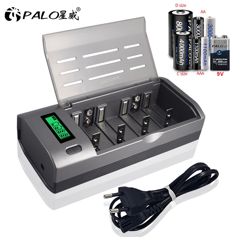 PALO Multi Usage 4 Slots LCD Display Battery Charger For Nimh Nicd 1.2V AA AAA C D Size or 9V Rechargeable Battery Quick Charger