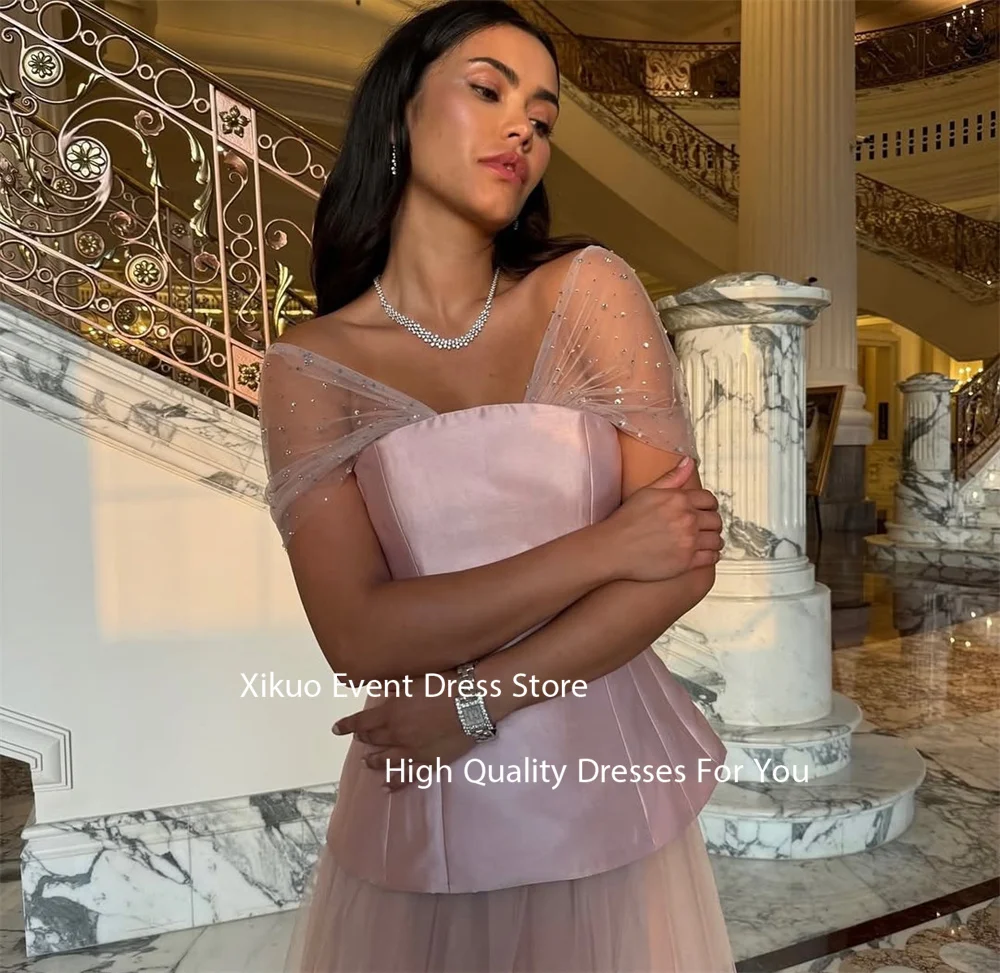 Xikuo Tulle Sheer Sleeves Evening Gowns A Line Pink Robe Cocktail Femmes Sparkly Formal Saudi Arabric Prom Dresses Customized