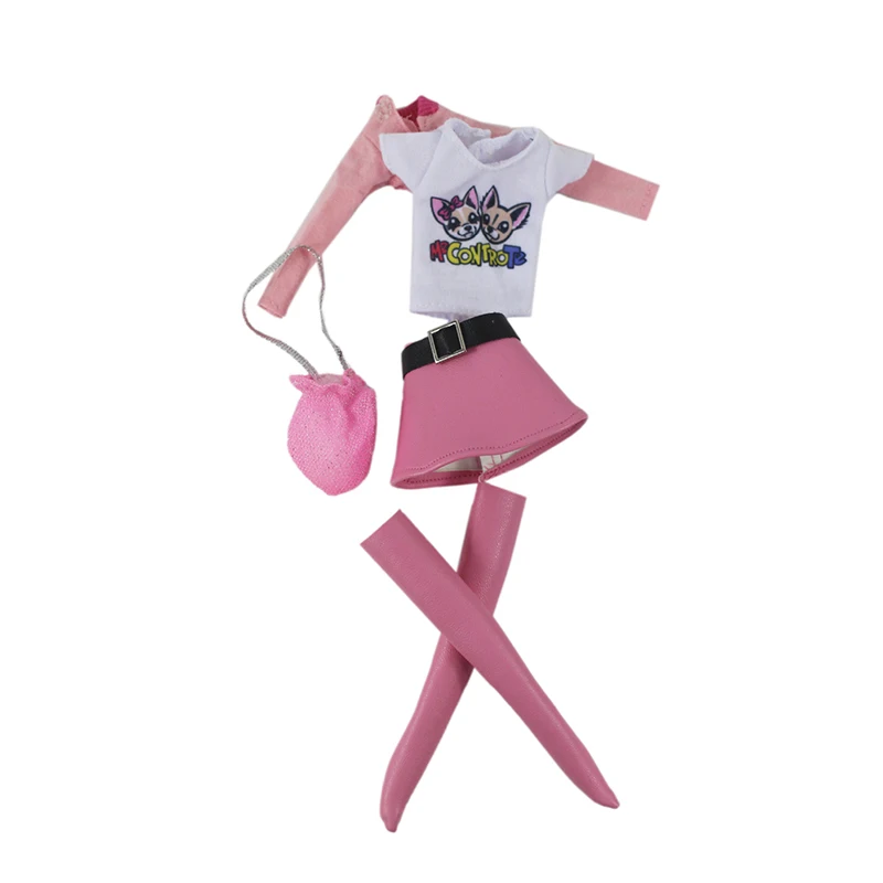 1/6 30cm DIY Dress Up Doll Supermodel FR Clothes Fashion Small Canvas Cat T-Shirt Pink Leather Short Dress Sweet Clothes Suit