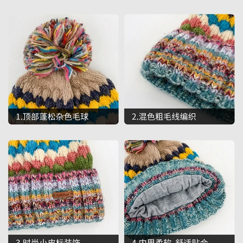 Nischenfarbener Pelzball, gemischtes Farbmuster, Strickmütze für Damen, Winter, für große Köpfe, warm, mit Ohrenschutz, Skull-Beanie-Mütze – Detail 6