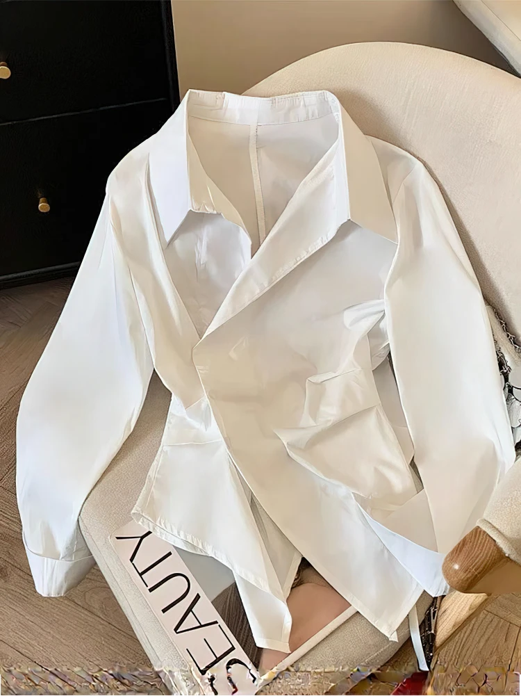 Camisa de manga longa irregular para mulheres túnica branco azul elegante gola virada para baixo blusa superior senhoras moda camisas de trabalho